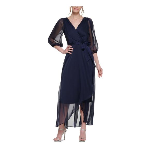 DKNY Womens Navy Self-tie Belt Lined Balloon Sleeve Formal Faux Wrap Dress 2